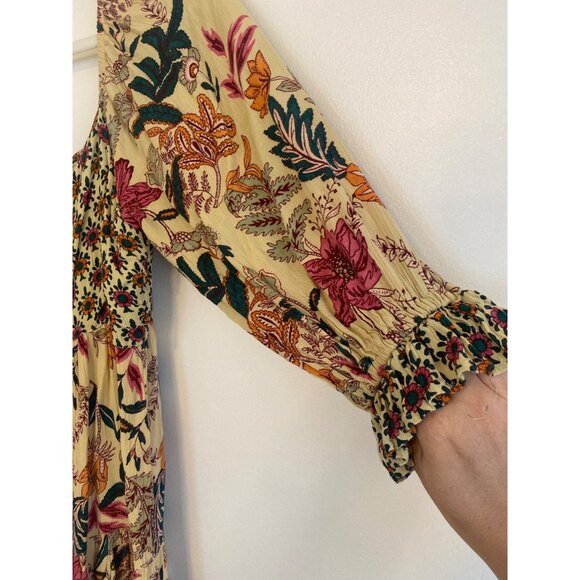 Boho Floral Smocked Midi Dress By Angie Rayon Size M Puff Sleeves Multicolor - Picture 3 of 6